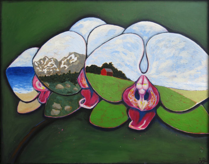 Acrylic painting, orchid flowers, surrealism